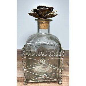 Decorative Glass Bottle With Metal Rose Top & Wire Cage